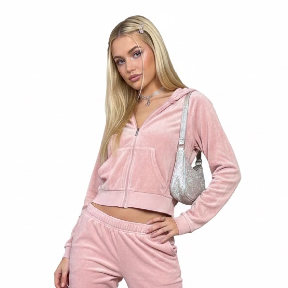 Juicy Couture Tops - Juicy Couture Pink Velour Zip Hoodie Size M Y2K Rhinestone Bling front pockets